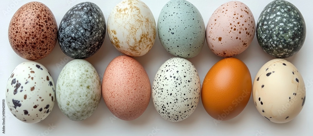 Aufkleber natural dyed eggs in various colors and patterns arranged in a flat lay on a white background showca