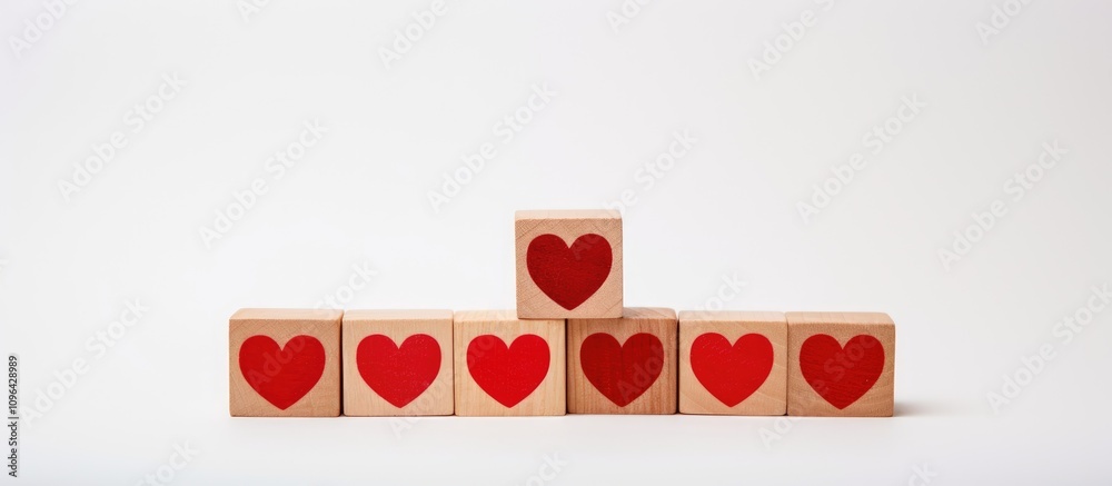Poster red heart and love you text displayed with wooden blocks on a clean white background for romantic an