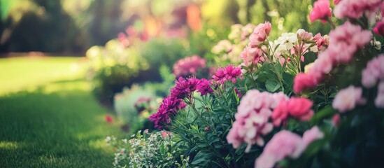 Vibrant flower garden showcasing colorful blossoms and lush greenery in a serene landscape setting