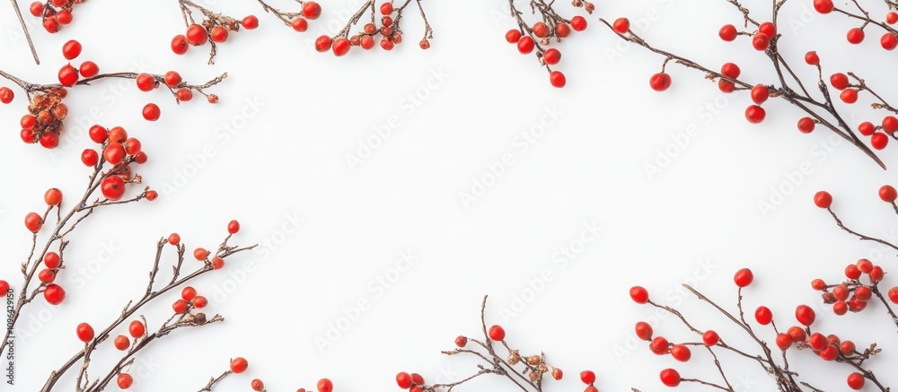 Poster rowan berry branches creating a natural rectangular frame on a clean white background for seasonal o