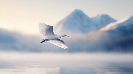  a seagull flying over a body of water with mountains in the background The bird is in the center of the image, with the water below and the mountains and sky in th