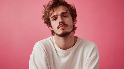 Obraz premium Portrait of a jaded young Caucasian man isolated on pink background with copy space. 8k Resolution 