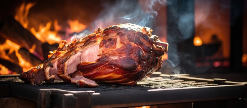 Roasted whole pork ham sizzling over an open wood fire at a festive Christmas market showcasing delicious food and holiday cheer