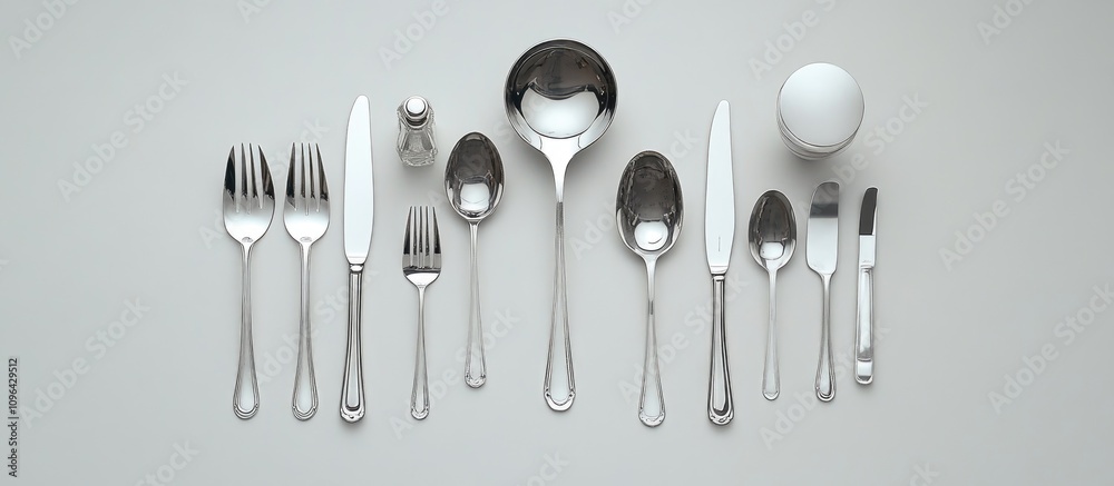 Poster elegant table setting arrangement showcasing various silver cutlery and dining utensils on a neutral