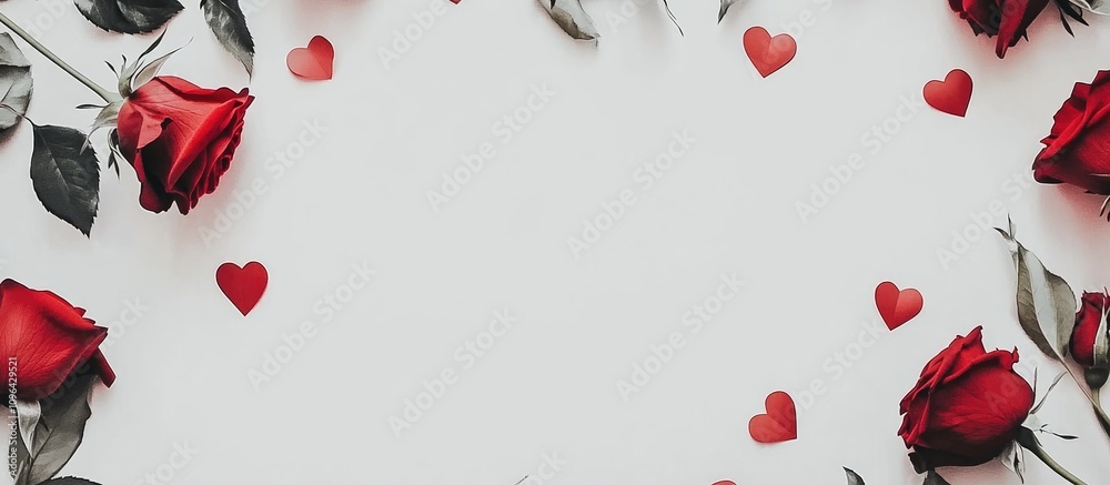 Poster red roses framed by paper hearts on a white background creating a romantic and elegant atmosphere pe
