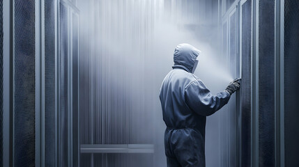 Industrial Worker Powder Coating Metal Panels in a Factory