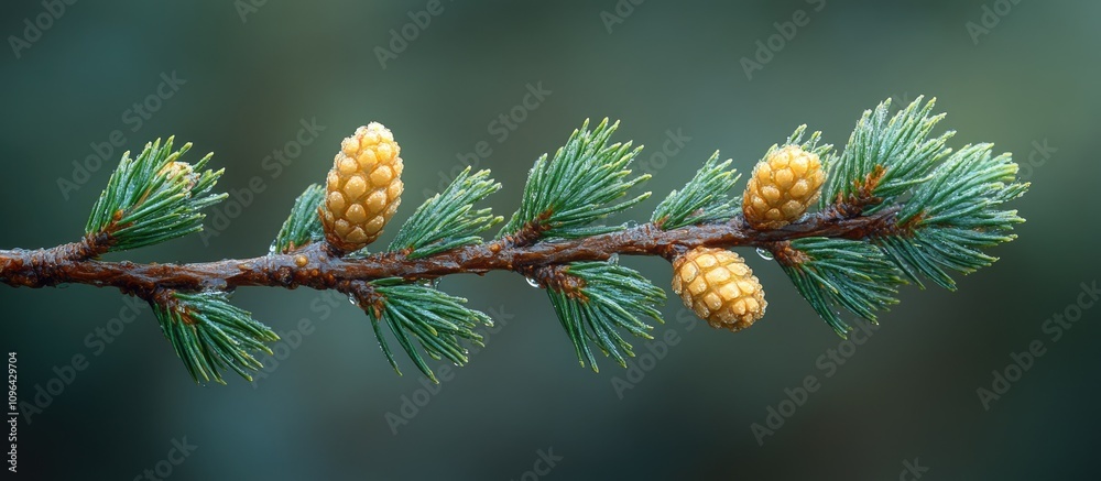 Poster spruce branch with yellow cones against soft blurred green background showcasing nature's beauty and