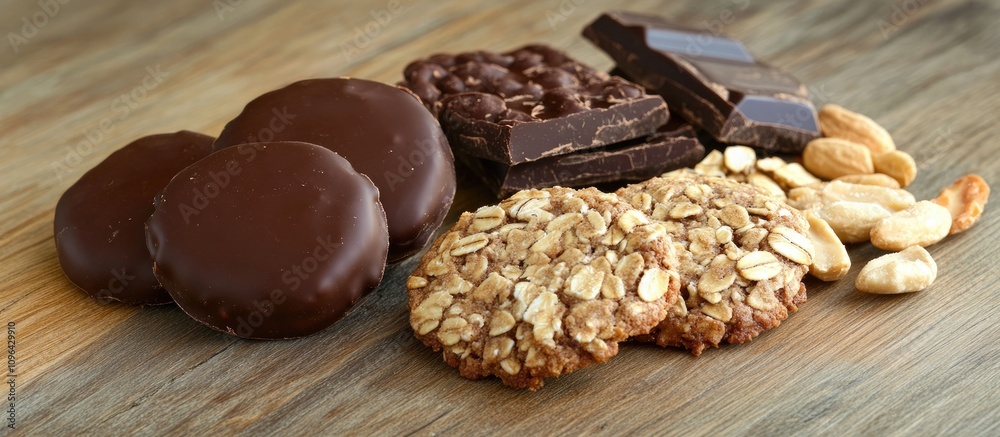 Poster Delicious assortment of oatmeal cookies with chocolate and nuts arranged on a rustic wooden table for a tempting culinary display