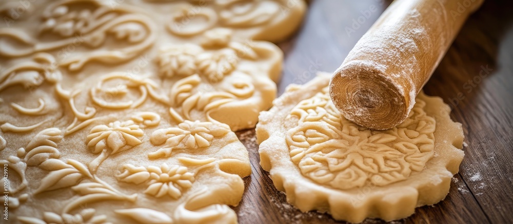 Poster decorative stamped cookie dough rolled out with a pin showcasing intricate floral patterns on a wood