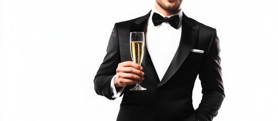 Elegant man in black dinner jacket and bow tie toasting with champagne glass on New Year's Eve against a clean white background.