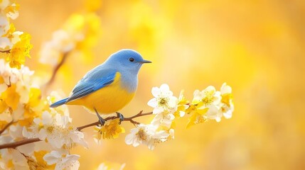 Obraz premium a blue and yellow bird perched atop a tree branch surrounded by white and yellow flowers The background is slightly blurred, giving the bird a sense of focus and p