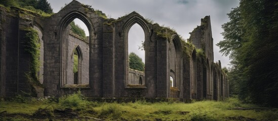 Obraz premium Ruins of Drumlane Abbey Surrounded by Lush Greenery in a Serene Landscape Nature Photography of Historical Architecture