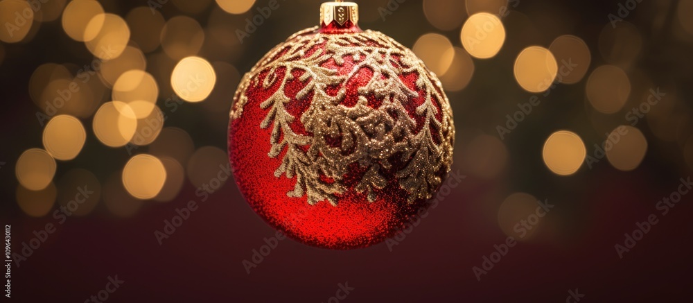 Poster red and gold glitter christmas ornament hanging on tree with festive bokeh lights creating a warm se
