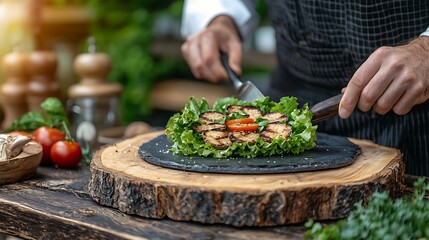 Chef in Cozy Kitchen Scene Preparing Fresh Dish with Vibrant Vegetables on Rustic Wooden Table Surrounded by Nature