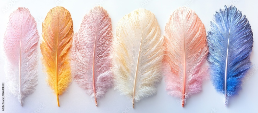 Poster vibrant collection of multicolored ostrich feathers arranged elegantly on a clean white background f