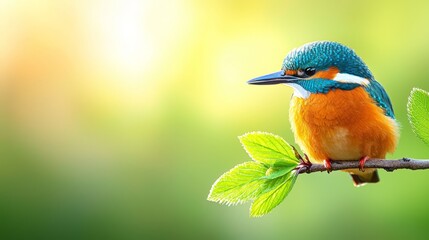 Fototapeta premium a colorful kingfisher perched atop a tree branch with green leaves, its vibrant colors of orange, blue, white, black, orange and green standing out against the blur