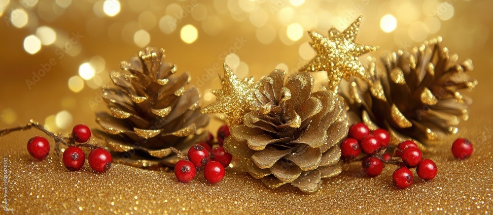 Poster golden pine cones red berries and stars on shimmering backdrop creating a festive atmosphere with am