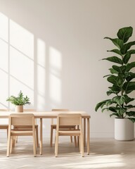A minimalist dining area featuring a wooden table and chairs, complemented by a large indoor plant and natural light streaming through the windows.