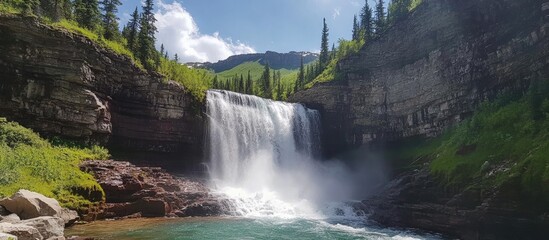 Fototapeta premium Majestic waterfall cascading in a lush green national park surrounded by towering trees and rocky cliffs under a bright blue sky.