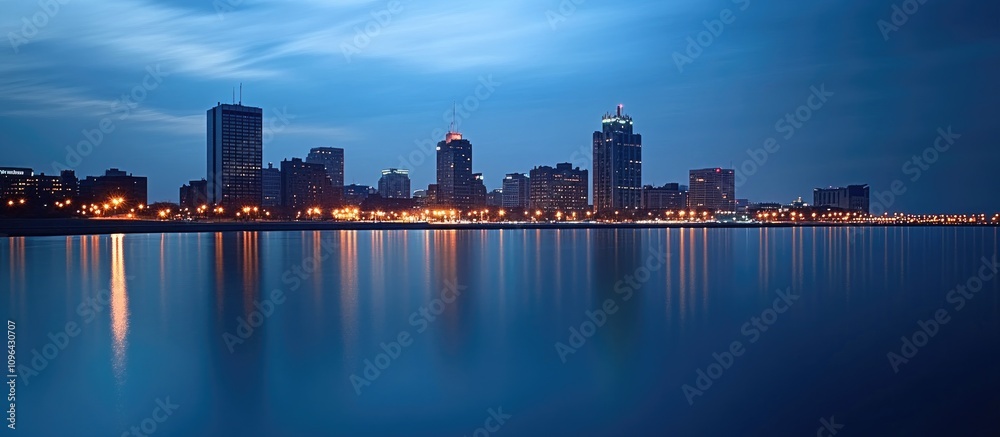 Aufkleber serene city skyline at dusk with reflections on the water and illuminated buildings creating a tranq