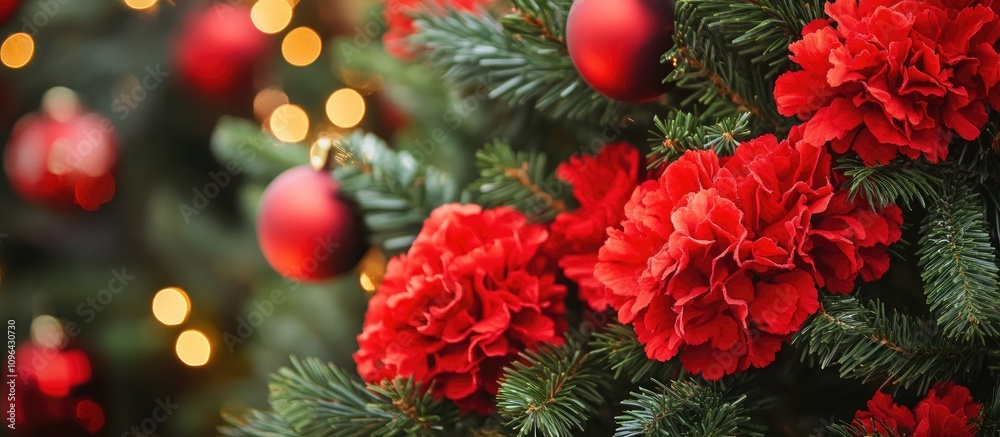 Aufkleber red floral decorations and ornaments enhance a festive christmas tree with warm bokeh lights backgro