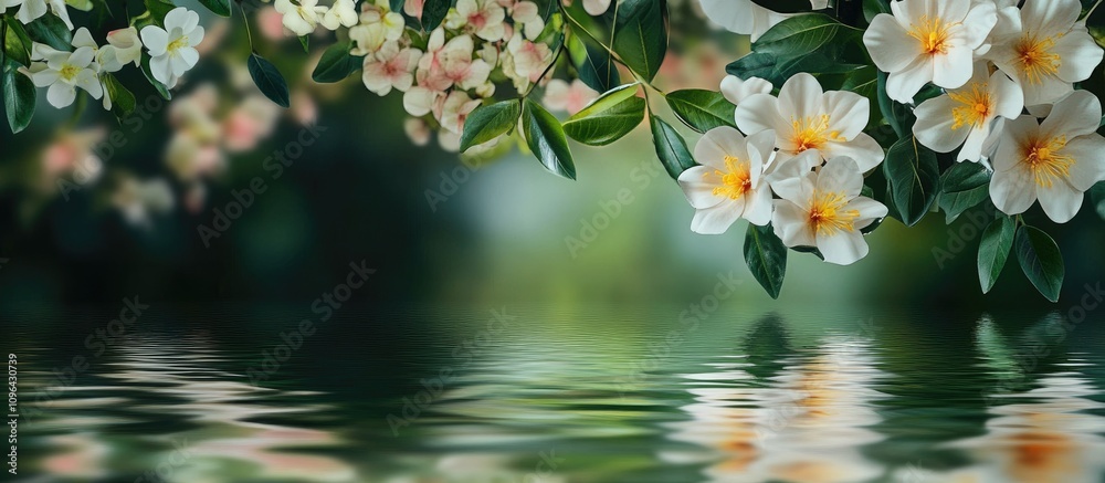 Poster serene floral background with water reflections and ample copy space for nature-inspired projects