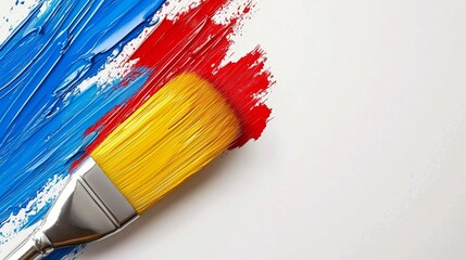 Fototapeta premium a paintbrush with a variety of colors, including blue, red, yellow, and white, on a white background