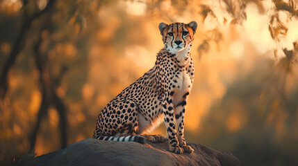 cheetah sitting on a rock in the golden sunset light