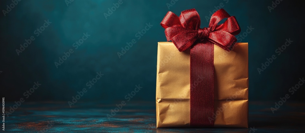 Poster red gift wrapped in golden paper with a bow set against a textured backdrop ideal for holiday promot