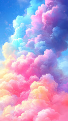 Pastel Dream Cloudscape: An Abstract Digital Painting of Fluffy, Colorful Clouds in a Blue Sky