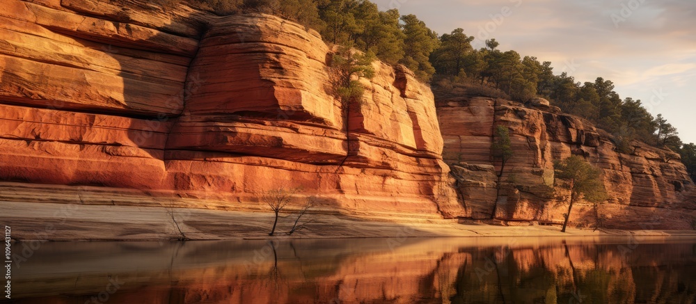 Poster evening light reflecting on sandstone cliffs and trees creating a serene landscape by the water's ed