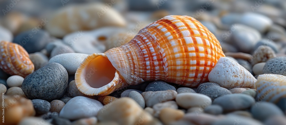 Poster seashells scattered across a pebbly beach highlighting natural textures and colors in a serene coast