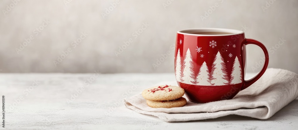 Poster red christmas mug with trees filled with black tea and homemade cookies on a napkin against a light 