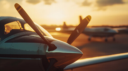 Close-up of propeller plane at sunset, glowing sky.