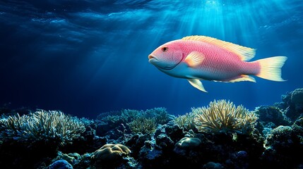 Naklejka premium a pink fish swimming over a vibrant coral reef The coral reef is teeming with life, with a variety of colorful fish and corals The fish is swimming gracefully thr