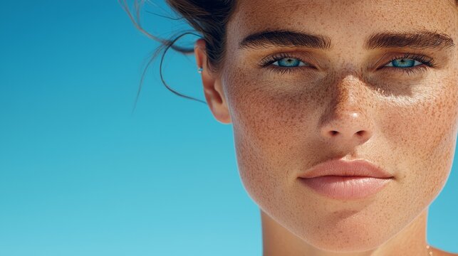  a woman with freckles on her face against a blue background She is wearing a white top and her hair is pulled back in a bun Her eyes are closed and her lips are s