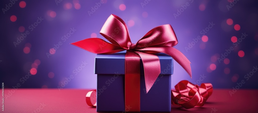 Poster elegant purple gift box with red ribbon on blue satin background surrounded by soft bokeh lights cre