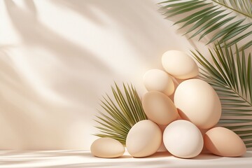 Fototapeta premium Minimalist Beige Eggs with Palm Leaf Shadow.