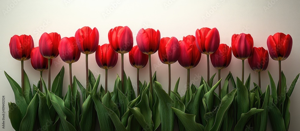 Aufkleber vibrant red tulips in two rows with lush green leaves against a clean white background for elegant f