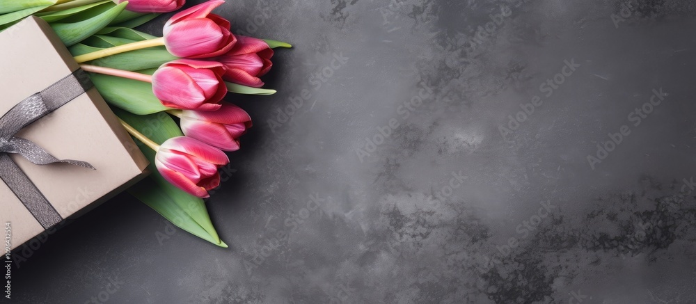 Poster elegant greeting card concept with pink tulips and a present on a textured stone surface creating a 
