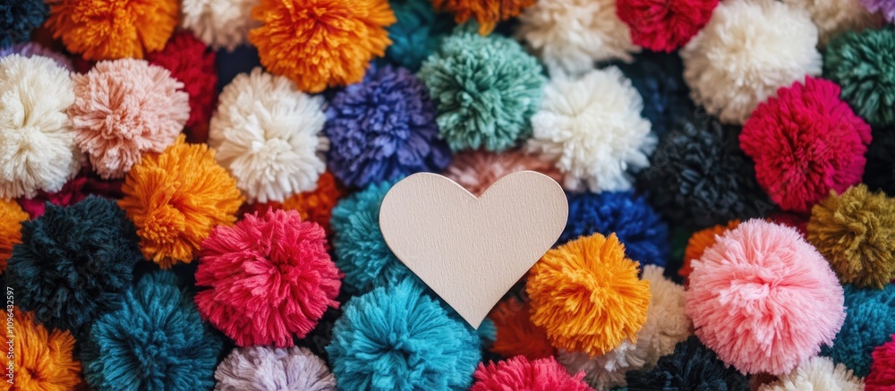 Poster Vibrant colorful pom poms scattered with a blank paper heart creating a cheerful and playful background for creative projects