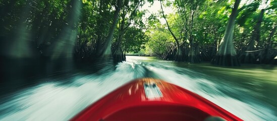 Speedboat adventure through lush mangroves with vibrant foliage and serene waters in a tropical jungle setting