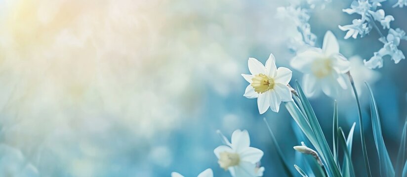Ethereal spring backdrop with blooming daffodil flowers soft focus area for text seasonal promotion or greeting cards design - Powered by Adobe