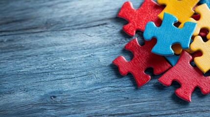  a pile of colorful jigsaw puzzle pieces on a blue wooden table The pieces are arranged in a way that suggests they are part of a larger puzzle, and the colors of t