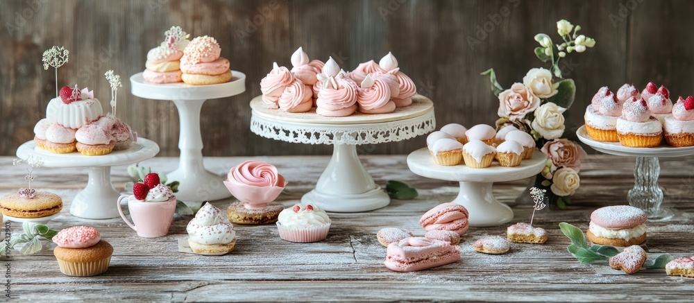 Poster charming dessert display on rustic wooden table showcasing exquisite cake decorations and an assortm