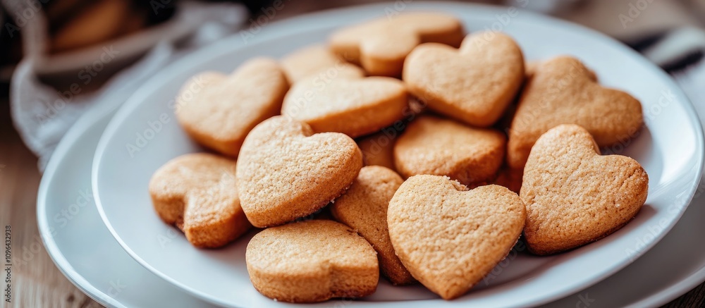 Poster heart shaped cookies displayed on a white plate perfect for valentine's day or special occasions wit
