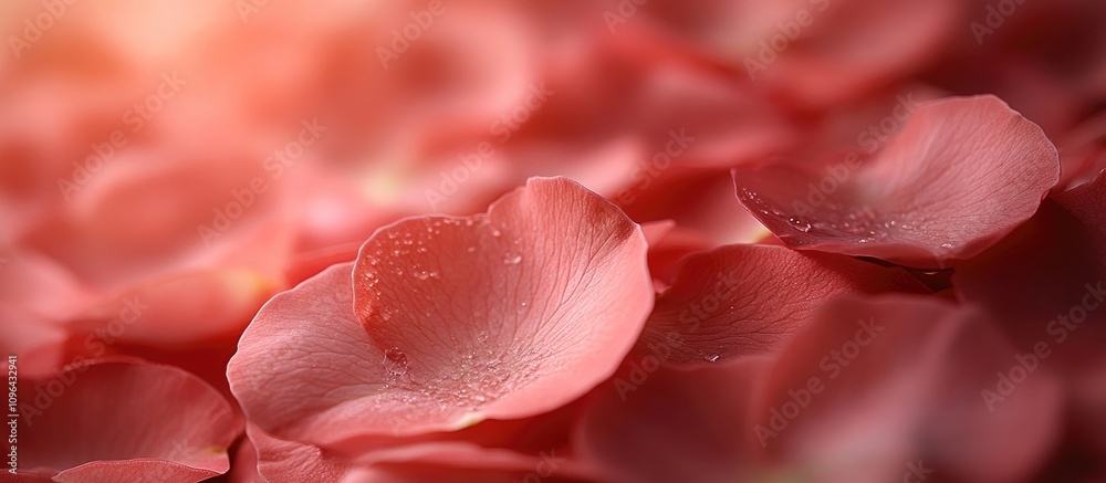 Poster close-up of delicate pink rose petals with soft lighting and subtle droplets, creating a romantic an