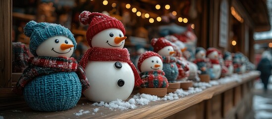 Obraz premium Festive winter market showcasing charming Christmas toys and adorable snowmen decorations nestled in a snowy setting.