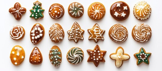 Colorful traditional sugar glazed Christmas gingerbread cookies arranged on a white background with ample copy space for festive designs