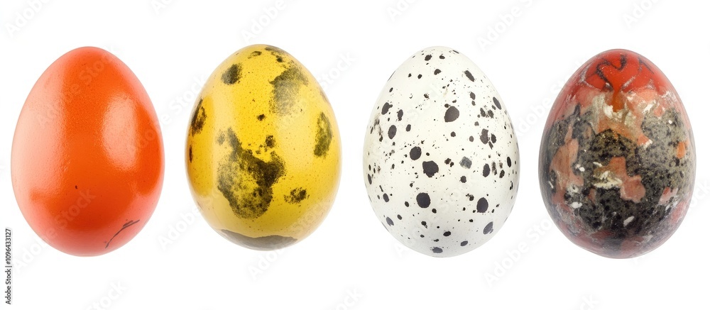 Poster colorful eggs arranged artistically on a clean white background showcasing vibrant hues and unique p